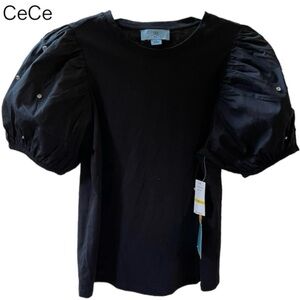 NWT CeCe Rhinestone Embellished Puff Sleeve Knit Top. Black. Size Medium (8-10).